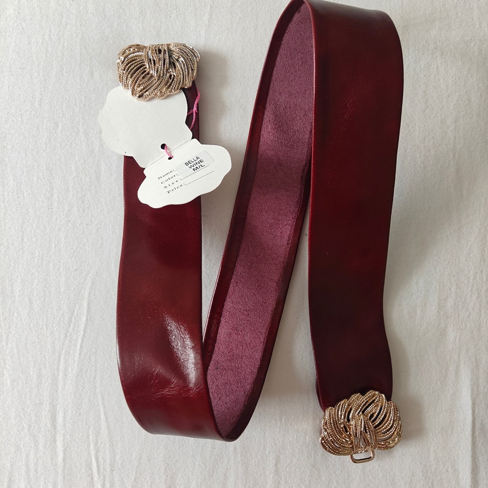 Elise M Bella Wine Burgundy Leather Belts Wide Waist Gold Buckle Size M/L New - Picture 4 of 5